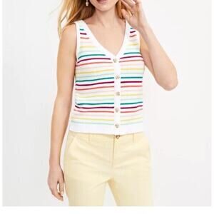 Loft Top Women's Medium White Rainbow Striped Button Up Sweater Tank 100% Cotton
